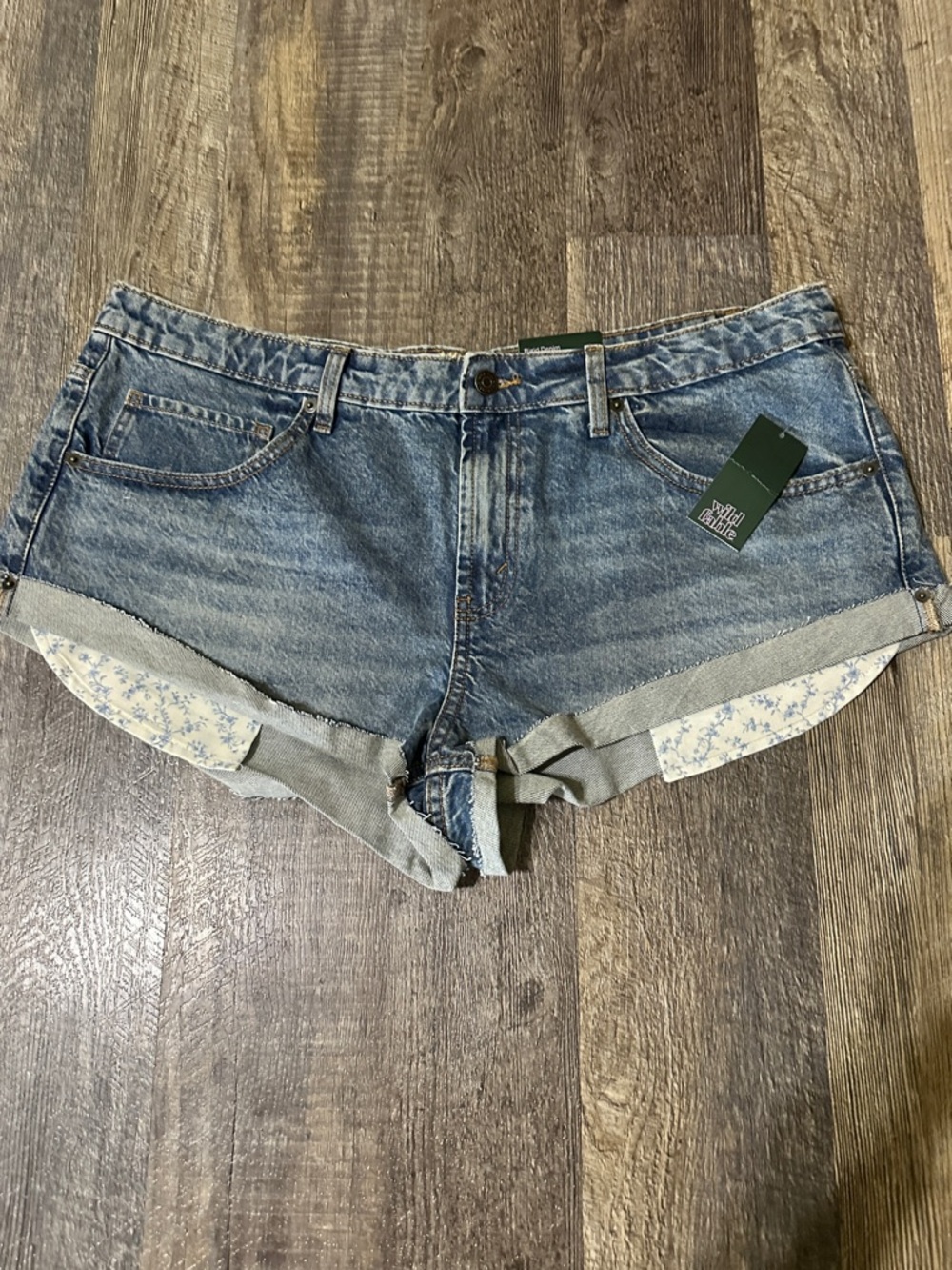 wild fable Blue Denim Rolled-Hem Shorts with Floral Lining